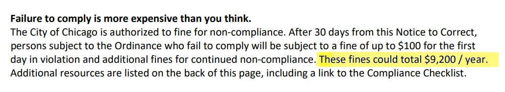 A selection of text with a title 'Failure to comply is more expensive than you
        think', with details of fines and a highlight saying 'These fines could total $9,200 /
        year'